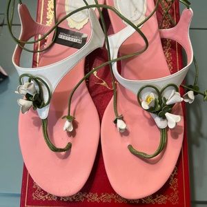 Pink White and Green Leather Sandal 7.5 Floral design